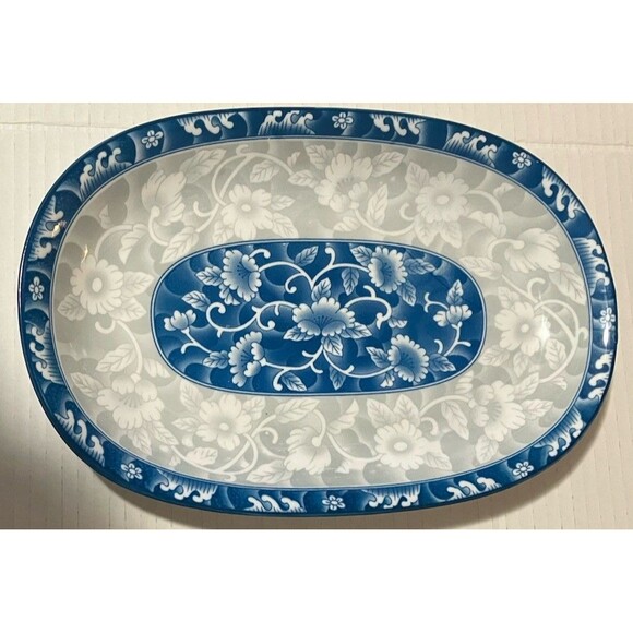 Vintage Cheng’s China 12” Blue & White Oval Porcelain Floral Platter - Picture 1 of 5